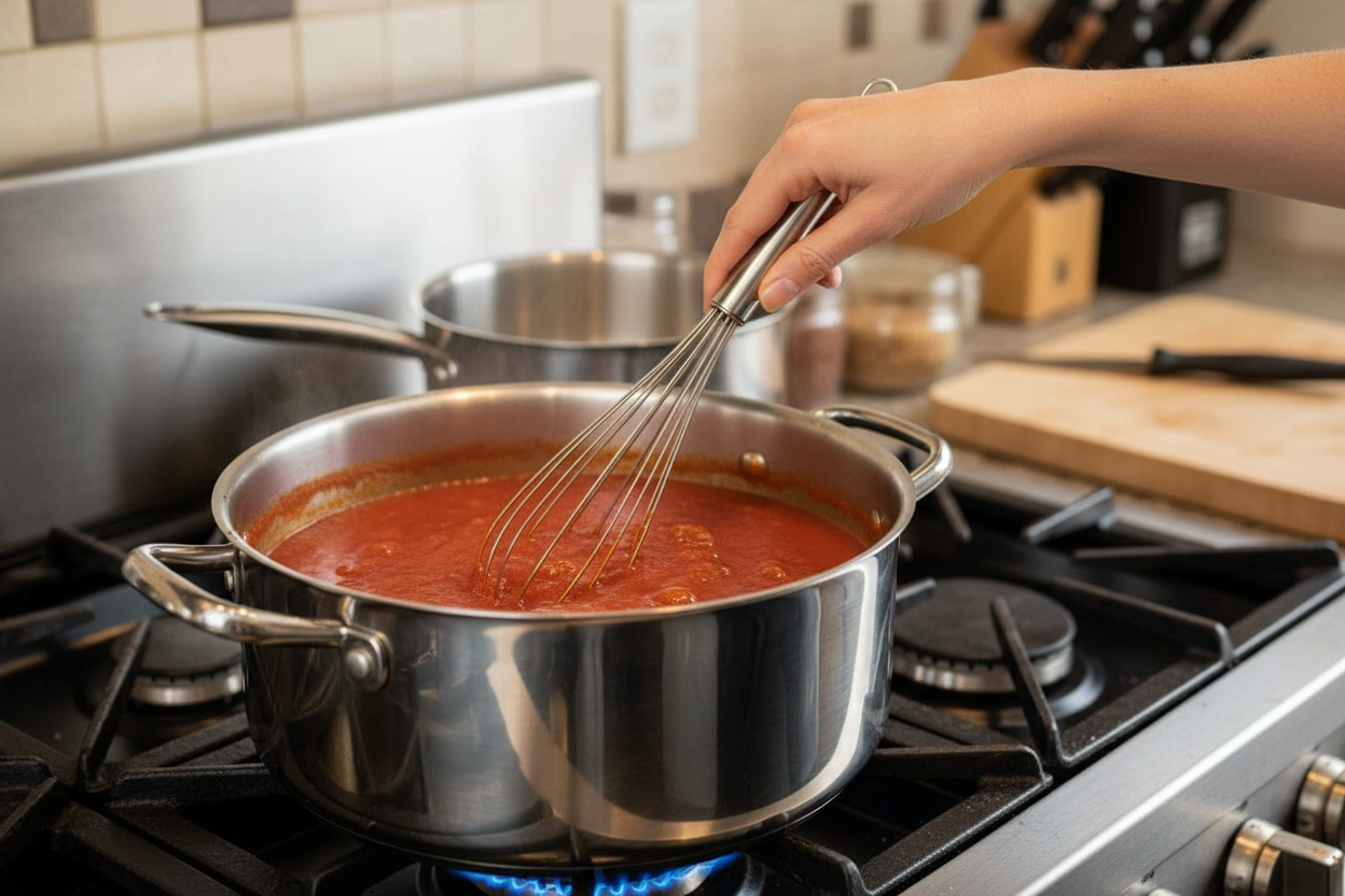Person stirring tomato sauce in a pot on a stove with a whisk