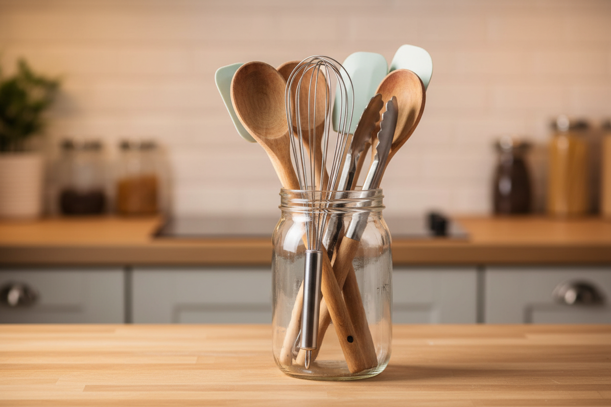 Set of wooden and silicone kitchen utensils in a glass jar on a kitchen counter.