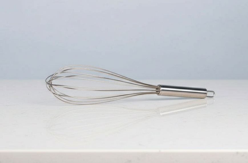 Metal whisk on a light gray background